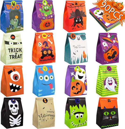 90PCS Halloween Treat Bags Party Favors - Trick or Treat Candy Goodie Gift Bag Stuffer Filler Paper Supplies Decorations with 90 Stickers