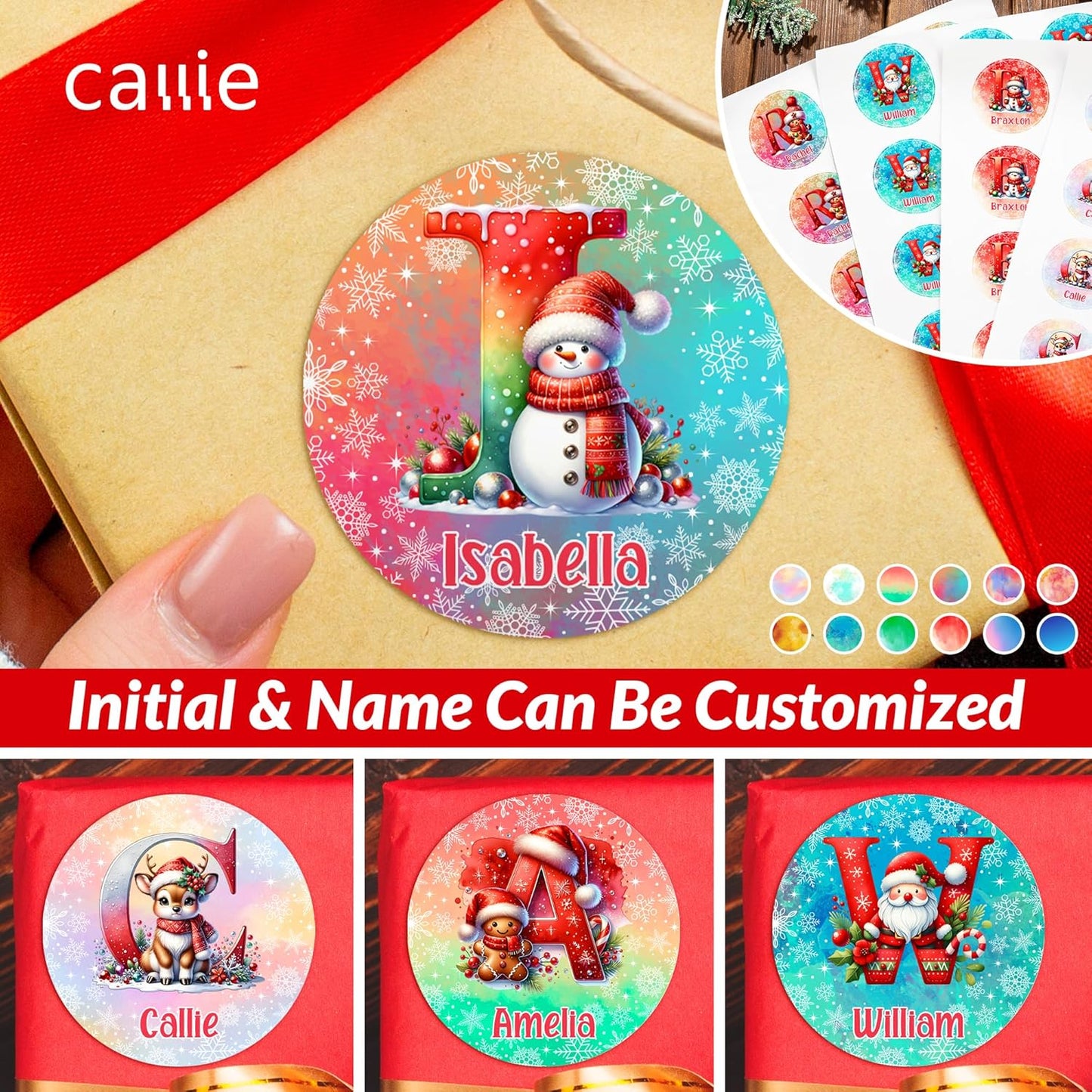 Personalized Christmas Stickers - Custom Name Waterproof Christmas Gift Tags for Gift Box Xmas Holiday Decorations Party Favors - 30 Stickers (Watercolor)