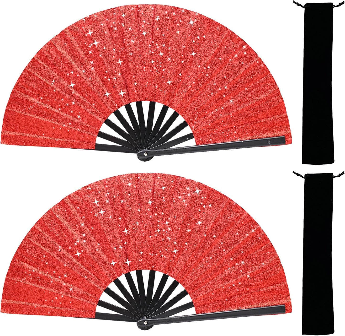 Glitter bling Large Folding Fan-Hand Fan Rave Clack Popping Fan for Line Dancing Clacking Fans for Boots On The Ground Dance, Party for EDM, Music Festival, Hot Flashes, Party, Decoration(2pcs red)