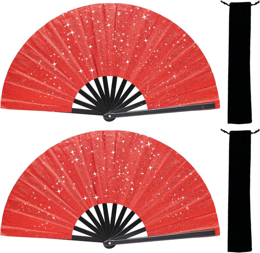Glitter bling Large Folding Fan-Hand Fan Rave Clack Popping Fan for Line Dancing Clacking Fans for Boots On The Ground Dance, Party for EDM, Music Festival, Hot Flashes, Party, Decoration(2pcs red)