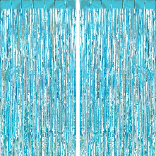 2 Pack Light Blue Fringe Curtains Foil Shiny Fringe Backdrop Tinsel Door Streamers Foil Curtains for Birthday Wedding Engagement Bridal Shower Celebration Party Decorations Large
