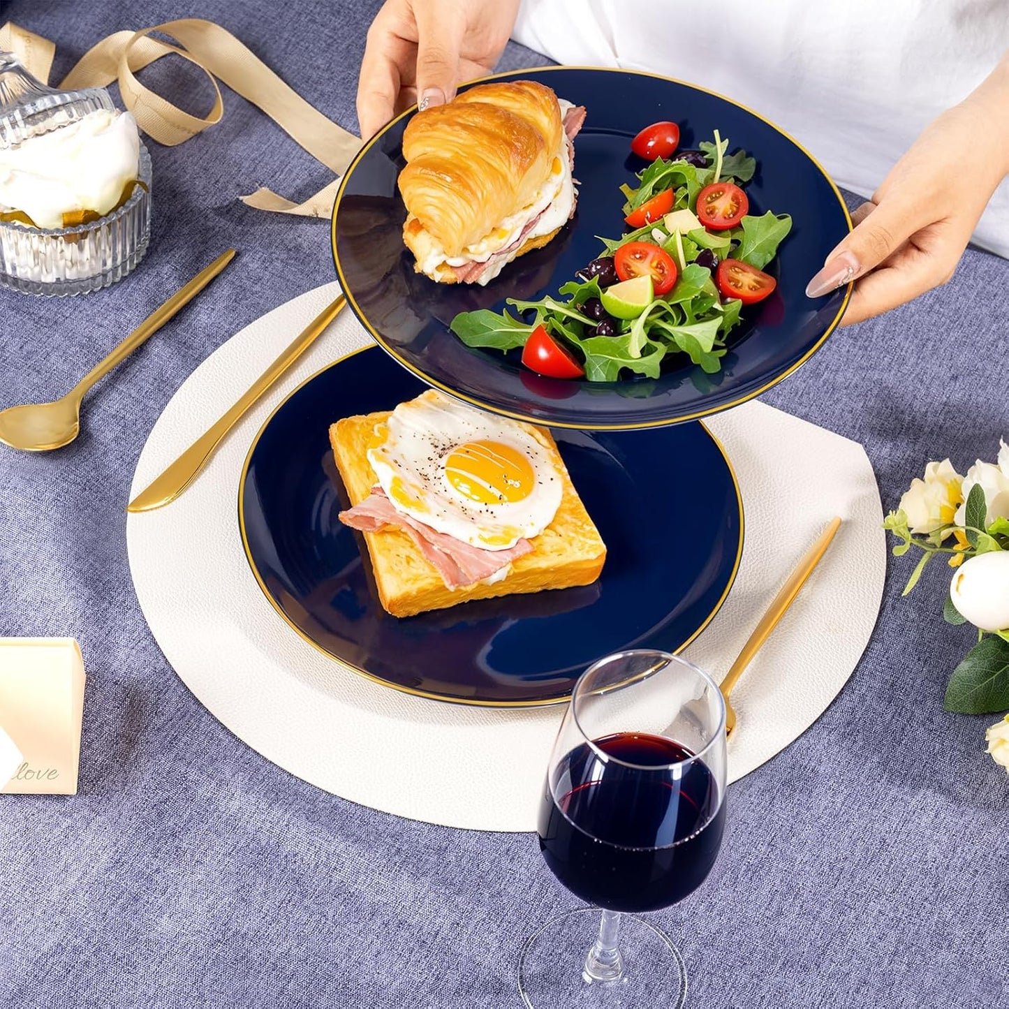 bUCLA 100PCS Blue Plastic Plates - Navy Blue Disposable with Gold Rim, Include 50 Each (10 inch Dinner & 7 inch Dessert) Plates, Ideal for Party