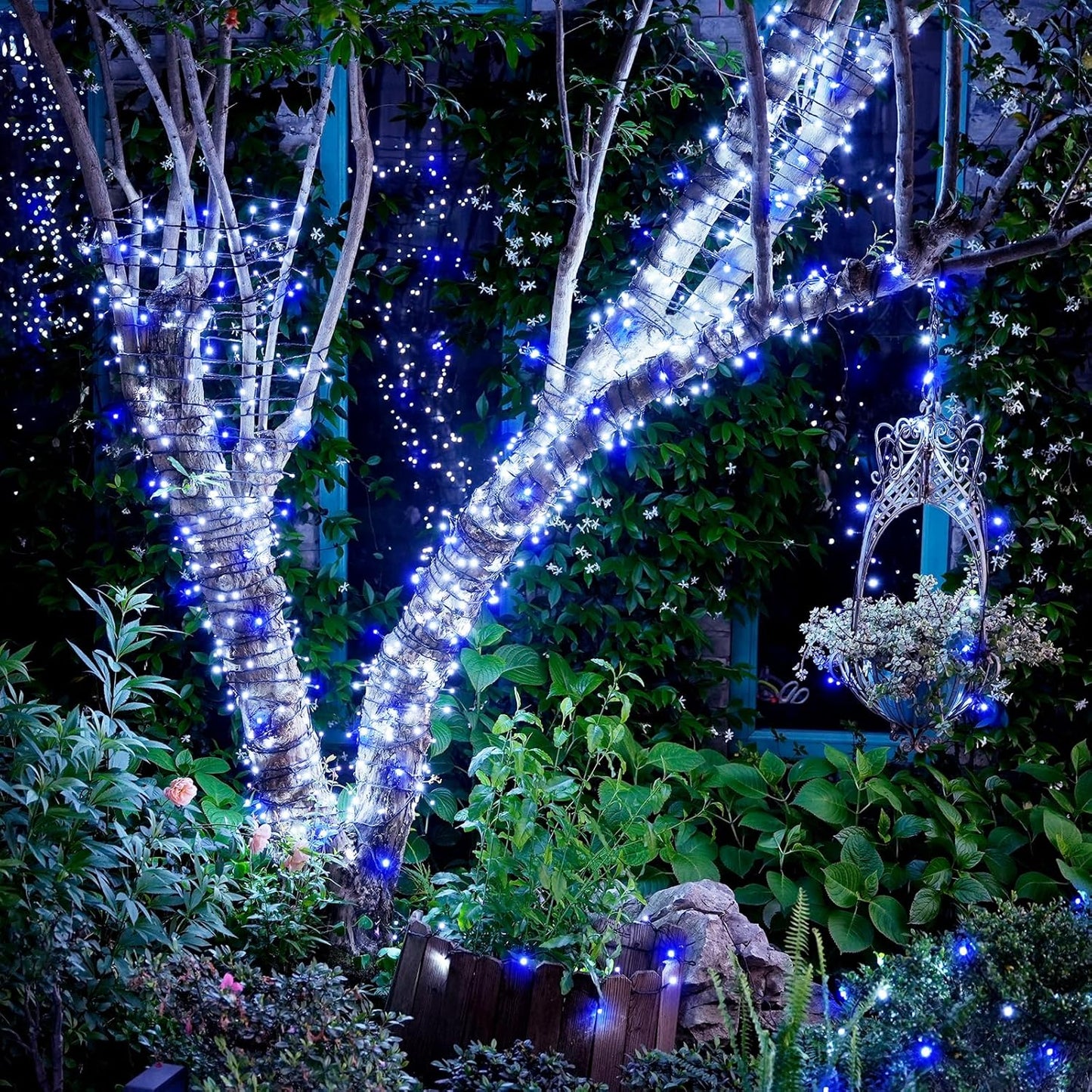 JMEXSUSS 2 Pack Blue & White Solar String Lights, Each 100 LED 33ft, Waterproof, 8 Modes for Outside Garden Patio Party Decoration