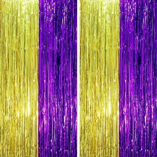 2 Pack Purple and Gold Foil Fringe Backdrop Curtains, Tinsel Streamers Party Decorations, Fringe Backdrop, Door Shimmer for Graduation or Birthday Party