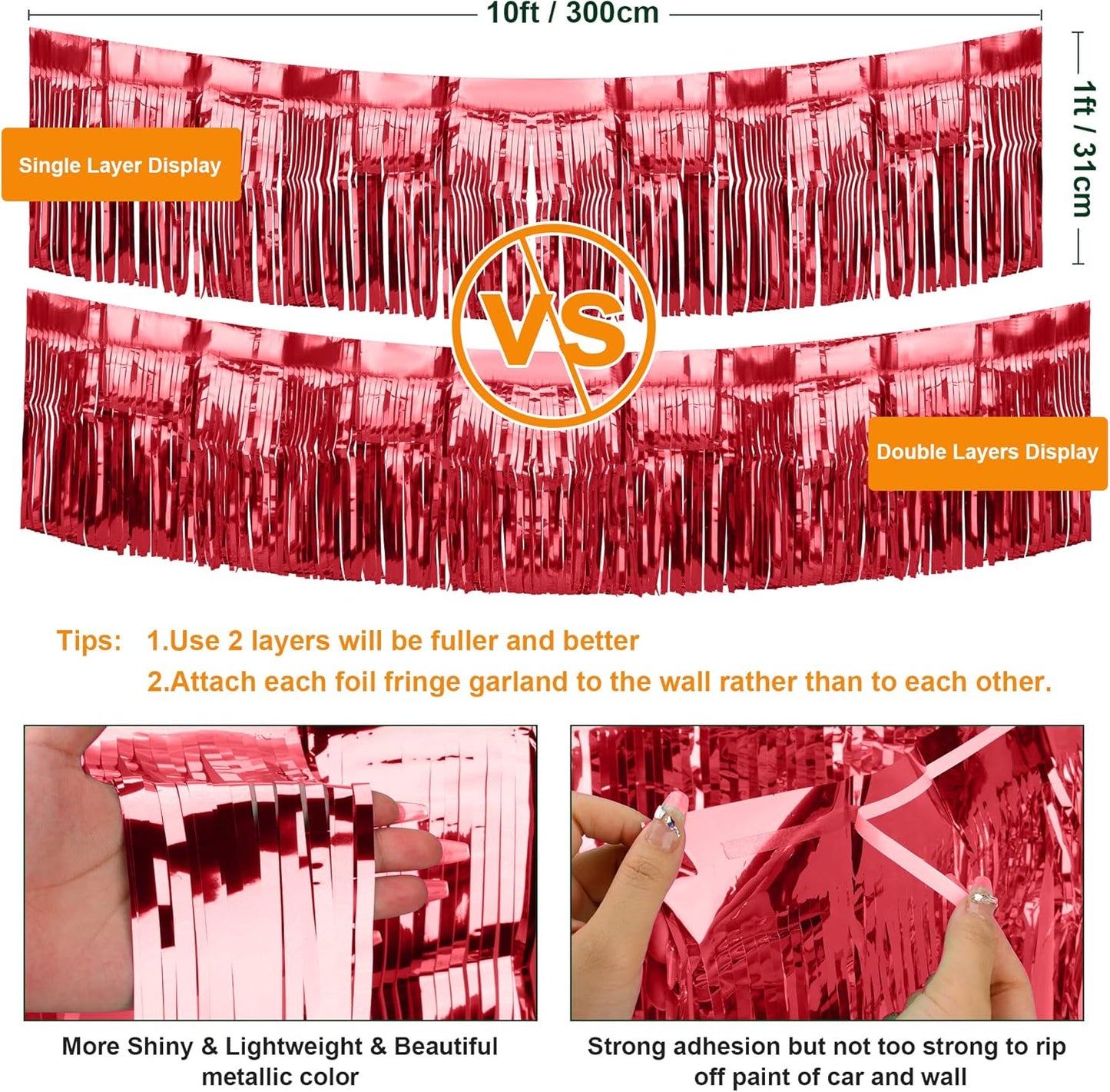 4 Pack Fringe Curtains, Metallic Foil Fringe Garland Shiny Tassel Float Parade Decorations for Trailer Car Graduation Homecoming Outdoor Indoor 4th of July Party (Red)