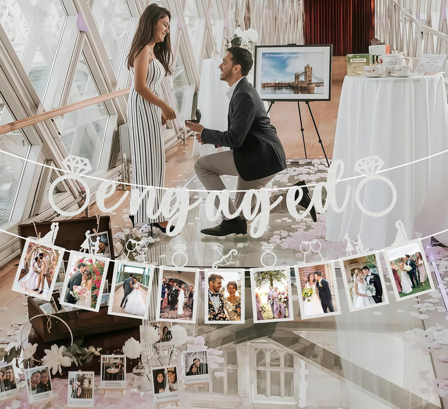 Pre-Strung Engaged Photo Banner - Silver Glitter Engagement Party Decoration Supplies with Romantic Memories Picture Card Frames for Bachelorette, Bridal Shower, Wedding Party Photo Booth Props