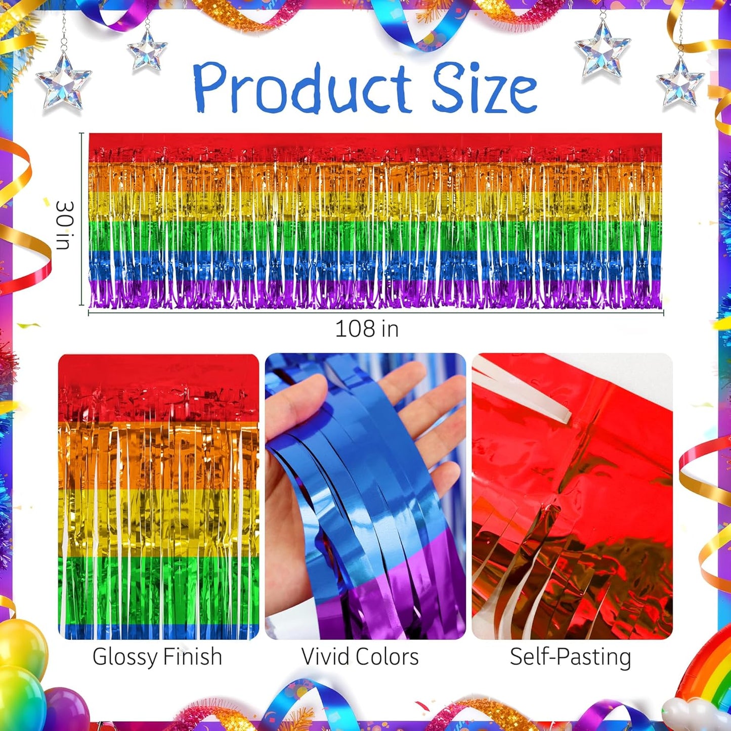 2 Pack Rainbow Table Skirts, 29x108" Metallic Foil Tinsel Fringe Table Skirts for Rectangle Tables Streamer Curtains Backdrop, Party Decorations for Birthdays Weddings Holidays