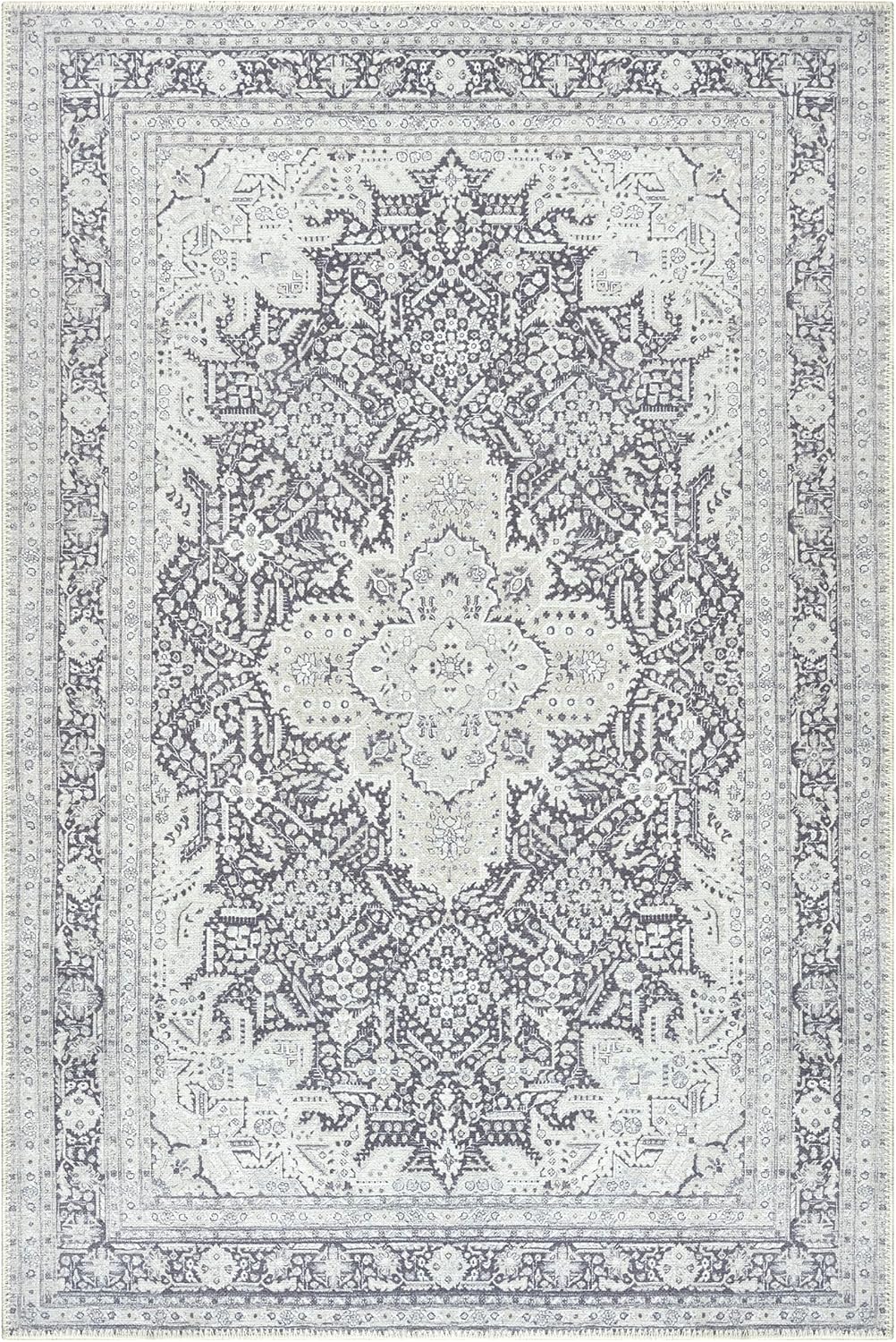 Bloom Rugs Washable Non-Slip 4' x 6' Rug - Charcoal Blue Traditional Medallion Area Rug for Living Room, Bedroom, Dining Room, and Kitchen - Exact Size: 4' x 6'