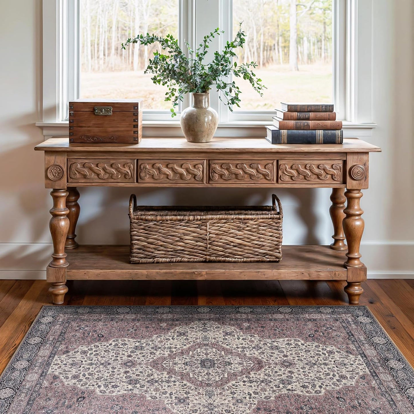 Bloom Rugs Washable Non-Slip 3' x 5' Rug - Cream/Green Traditional Medallion Area Rug for Living Room, Bedroom, Dining Room, and Kitchen - Exact Size: 3' x 5'