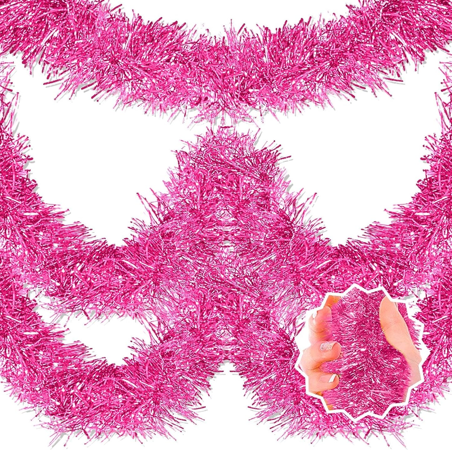 50 Feet Pink Christmas Tinsel Garland, Metallic Foil Twist Banner Wall Hanging Tinsel Streamers Backdrop for Parade Floats, Christmas, Mother's Day, Birthday Party Decorations(2in x 50ft)