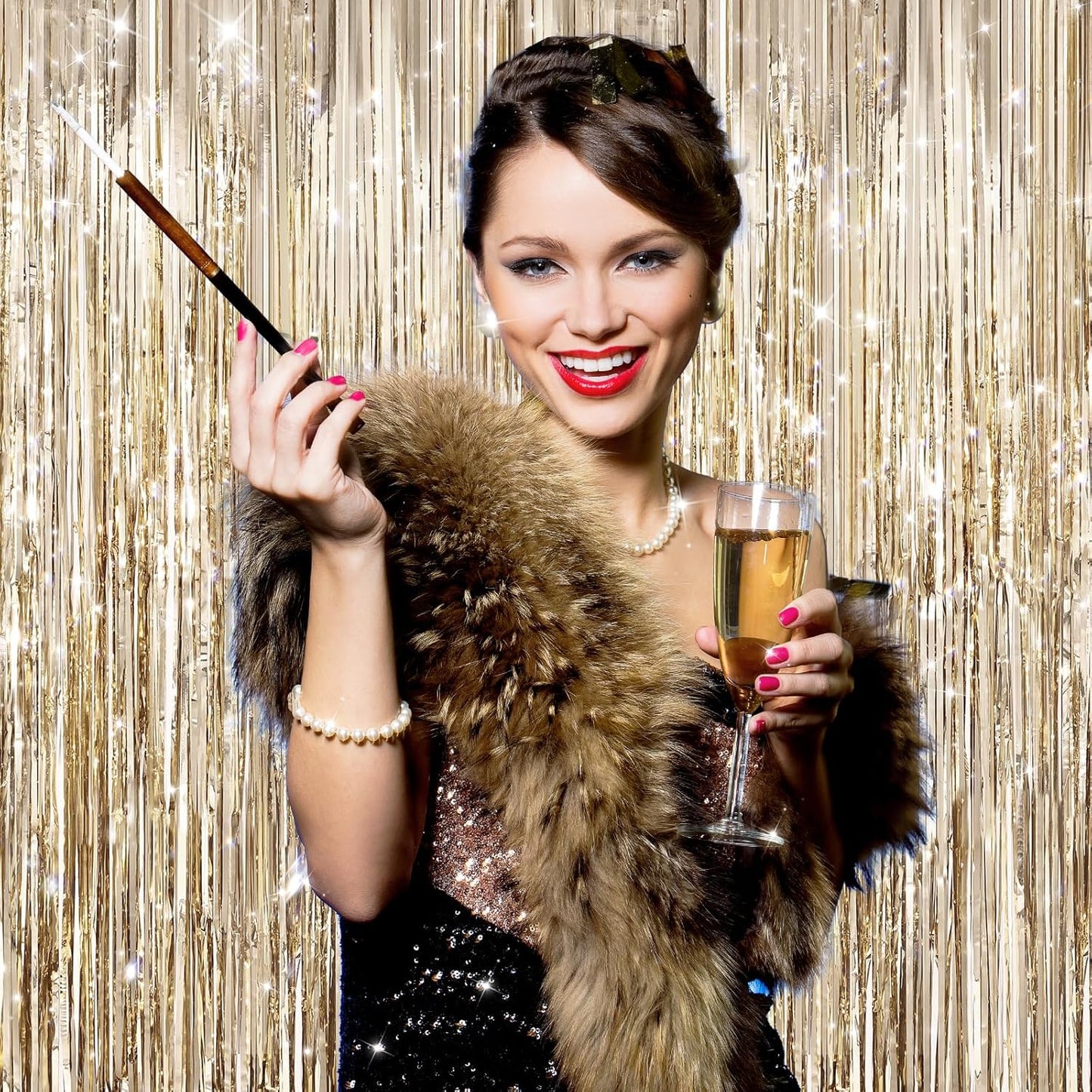 2Pack Champagne Gold Foil Fringe Backdrop Curtains, Tinsel Door Streamers, Fringe Backdrop for Graduation New Years Eve, Graduation, Birthday, Wedding, Baby Shower, Gender Reveal, Disco Party Decors