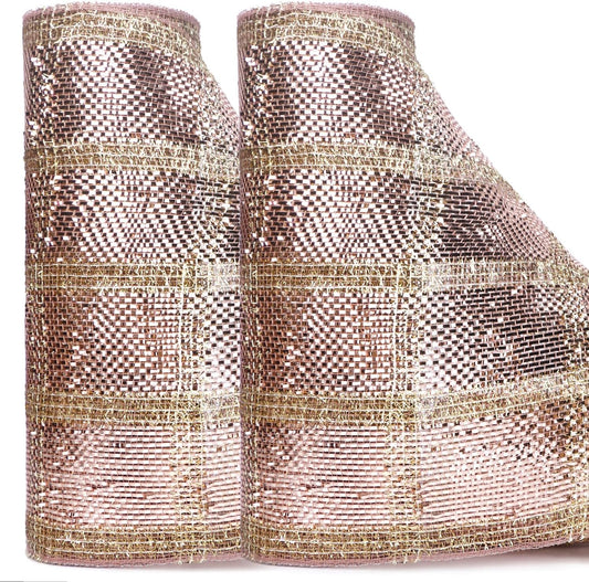 Ribbli 2 Rolls Rose Gold Metallic Mesh Ribbon Rose Gold Deluxe Foil and Glitter Strip Christmas Ribbon for Christmas Tree Wreath Swags Wedding Garland 10 inch x 30 feet(10Yard) Per Roll
