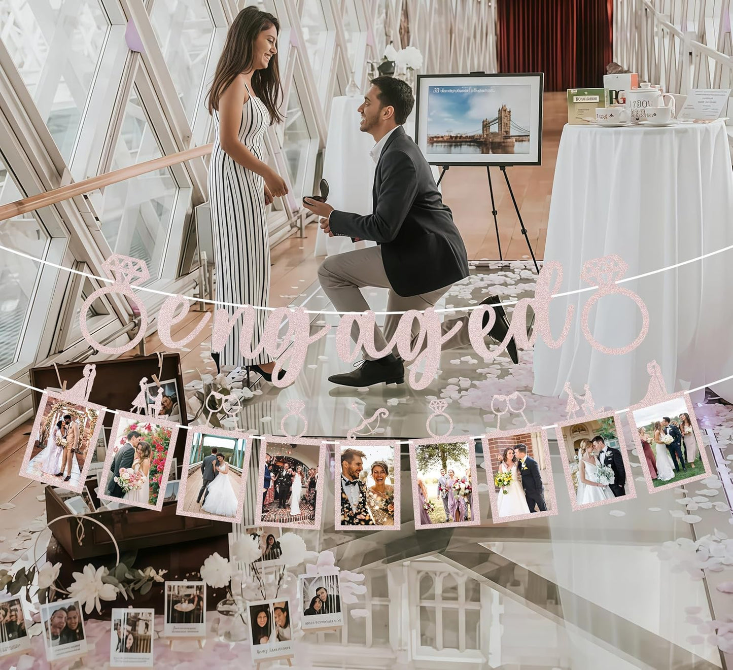 Pre-Strung Engaged Photo Banner - Rose Gold Glitter Engagement Party Decoration Supplies with Romantic Memories Picture Card Frames for Bachelorette, Bridal Shower, Wedding Party Photo Booth Props