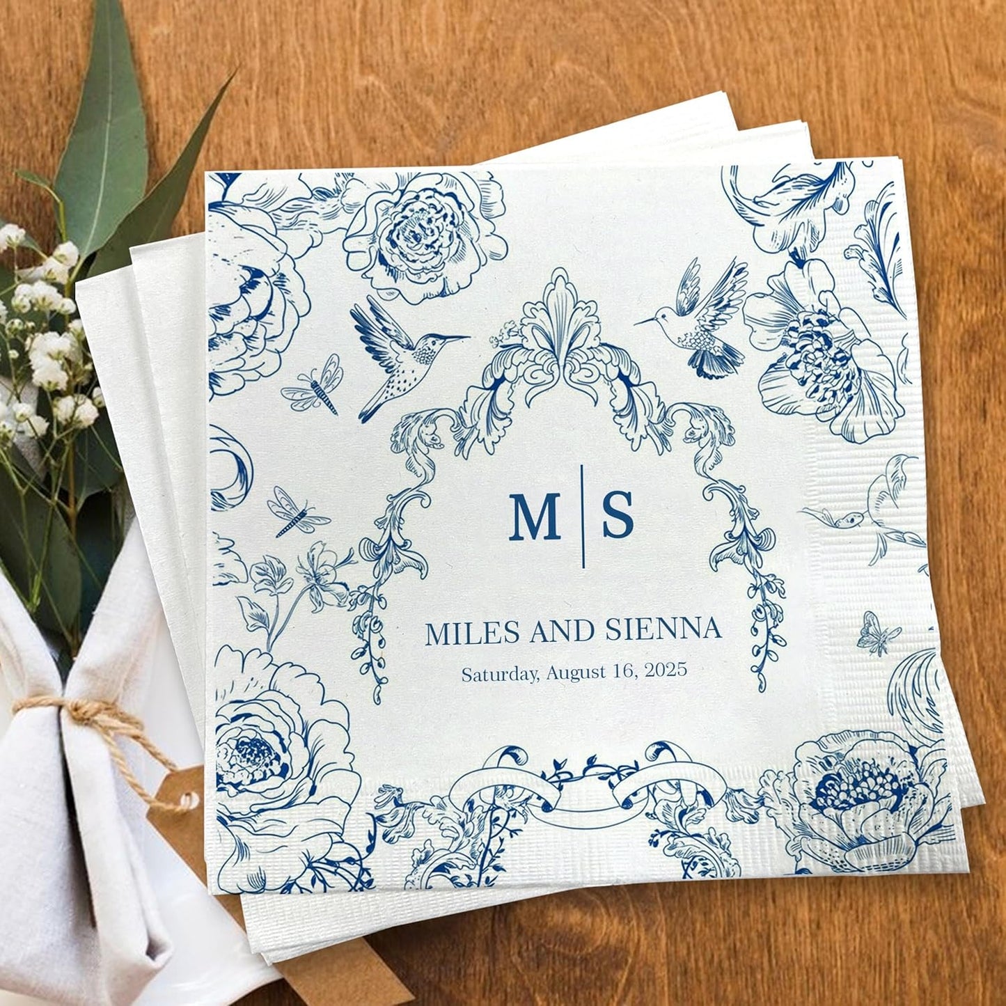 Custom Wedding Cocktail Napkins, Blue Floral Cocktail Napkins, Personalized Paper Napkin for Wedding Reception, Blue and White Flower Paper for Bridal, Engagement Party, Bridal Shower