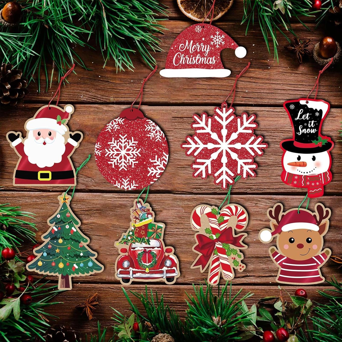 Christmas Gift Tags, 63Pcs Christmas Hanging Labels with String, Christmas Name Tags for Gifts, Glitter Foil Printed Xmas Gift Tags, Santa Snowman Gift Labels for DIY Xmas Holiday Present Wrapping