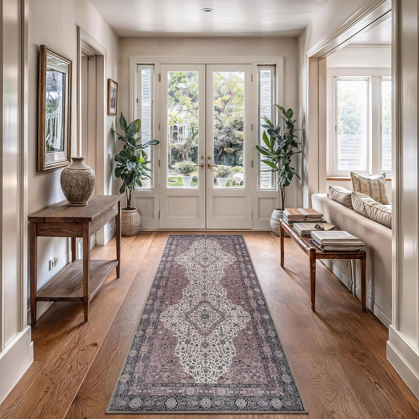 Bloom Rugs Washable Non-Slip 10 ft Runner - Cream/Green Traditional Medallion Runner for Entryway, Hallway, Bathroom, and Kitchen - Exact Size: 2.5' x 10'