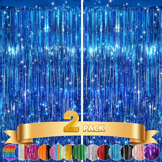 2Pack Blue Tinsel Backdrop Streamers, GCB Party Streamers Backdrop Foil Fringe Curtains for Wedding Birthdays Bachelorette Bridal Baby Shower, Graduation, Engagement Decors, Gender Reveal, Disco Party