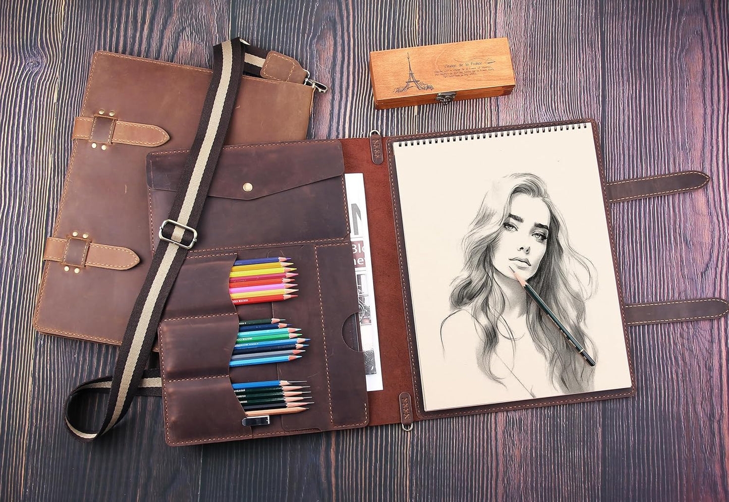 Robrasim Handmade Leather Sketchbook Cover, Artist Sketch Pad Holder for 11"X14" Top Spiral Bound Sketchbook, Drawing Book Pencil Case, Journal Portfolio with Shoulder Strap, Artist Gifts,Coffee