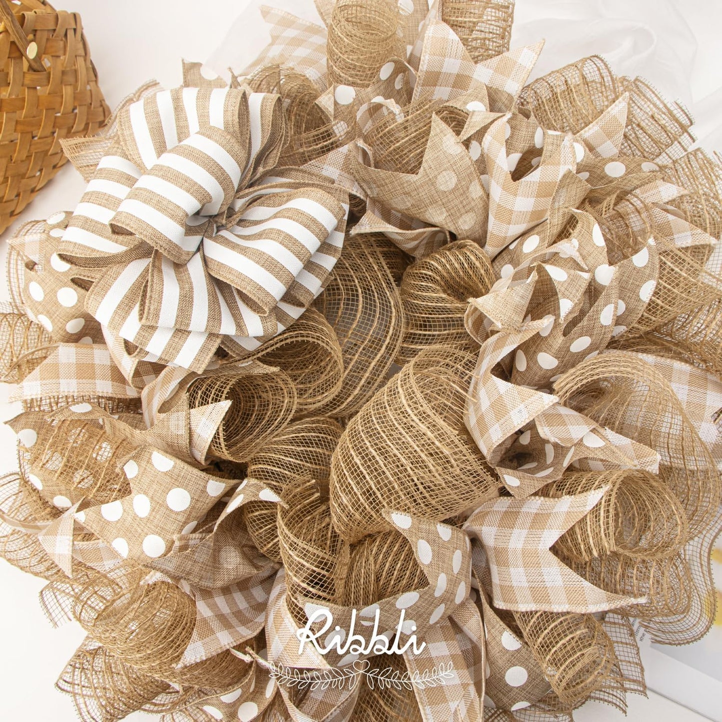 Ribbli 2 Rolls Burlap Mesh Ribbon,10 inch x 30 feet(10Yard) Each Roll,Natural with Jute,Use for Wreath Swags and Decorating