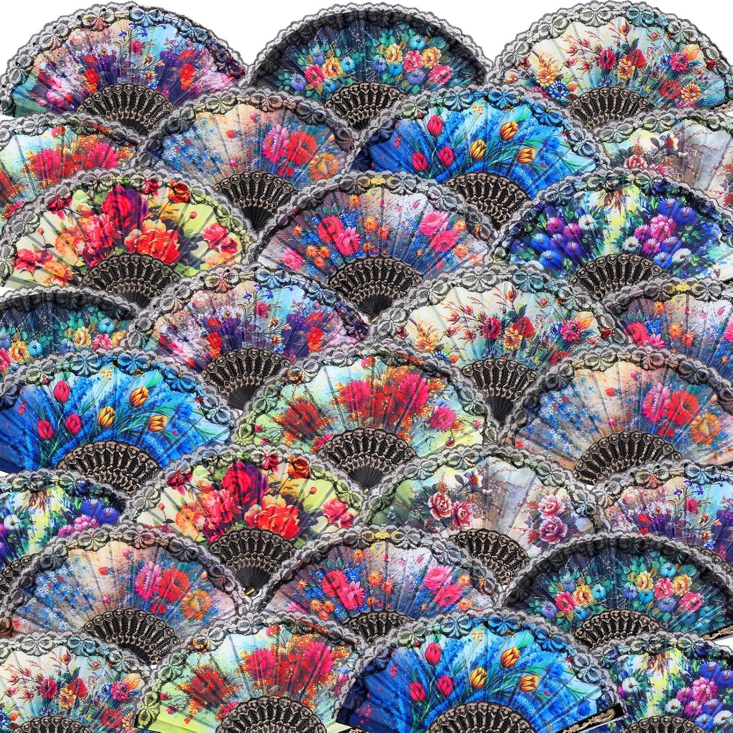 Geetery 30 Pcs Folding Hand Fan for Line Dancing Spanish Boots on The Ground Fans Gifts Bulk Colorful Silk Popping Rave for Women Tea Party Wedding Church Halloween Costume(Floral,Colors Random)