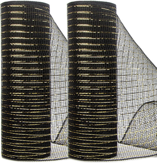 Ribbli 2 Rolls Black Mesh Ribbon,10 inch x 30 feet(10Yard) Each Roll,Metallic Black with Gold Wide Foil,Use for Wreaths Swags and Christmas Tree Decoration