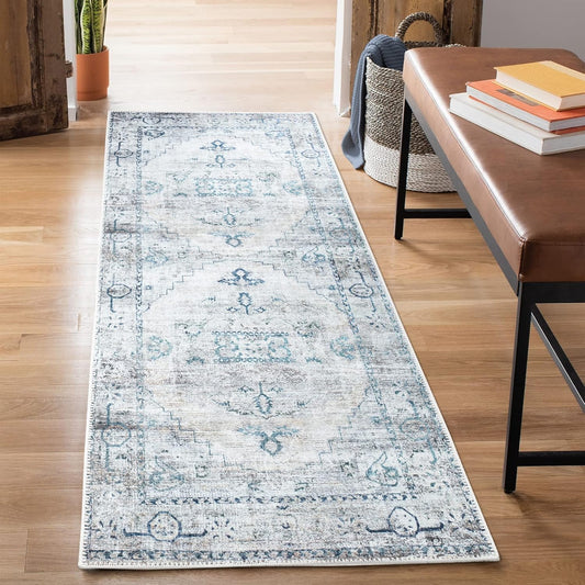 Bloom Rugs Washable Non-Slip 10 ft Runner - Teal/Beige Traditional Runner for Entryway, Hallway, Bathroom, and Kitchen - Exact Size: 2.5' x 10'