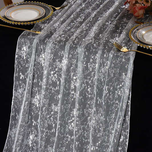 LOMOHOO 10 Ft Silver Table Runner, Silver Sheer Sequin Table Runners 120 Inches Long Glitter Metallic Foil Lace Fabric Table Decor for Birthday Party Wedding Anniversary Centerpiece (3pcs)