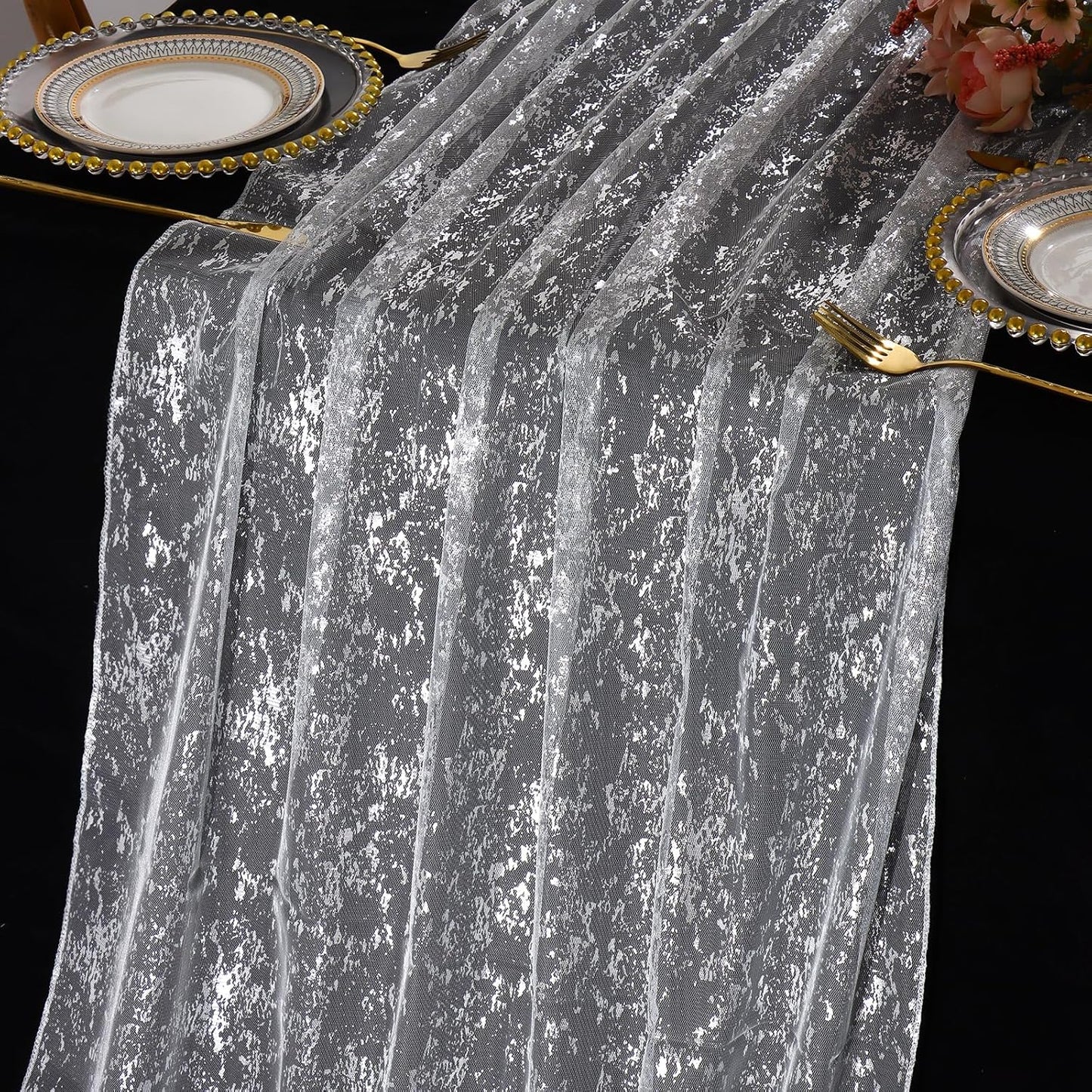 LOMOHOO 10 Ft Silver Table Runner, Silver Sheer Sequin Table Runners 120 Inches Long Glitter Metallic Foil Lace Fabric Table Decor for Birthday Party Wedding Anniversary Centerpiece (1pcs)
