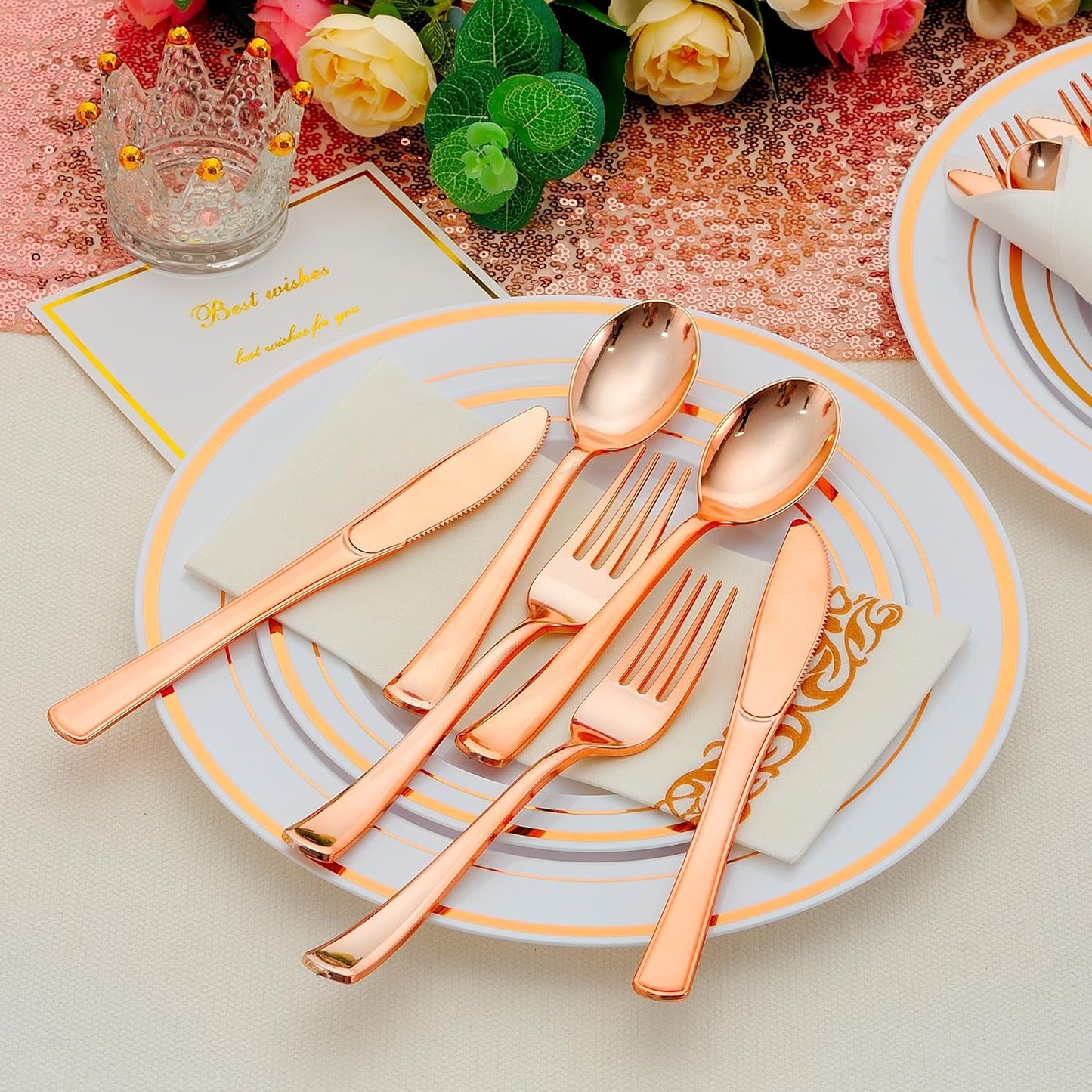 100 Pack Pre Rolled Rose Gold Plastic Silverware Set with Napkins,Disposable Wrapped Heavy Duty Cutlery Set for Wedding Birthday Party-100 Forks,Knives,Spoons,Utensils Set,Plasticware Bulk