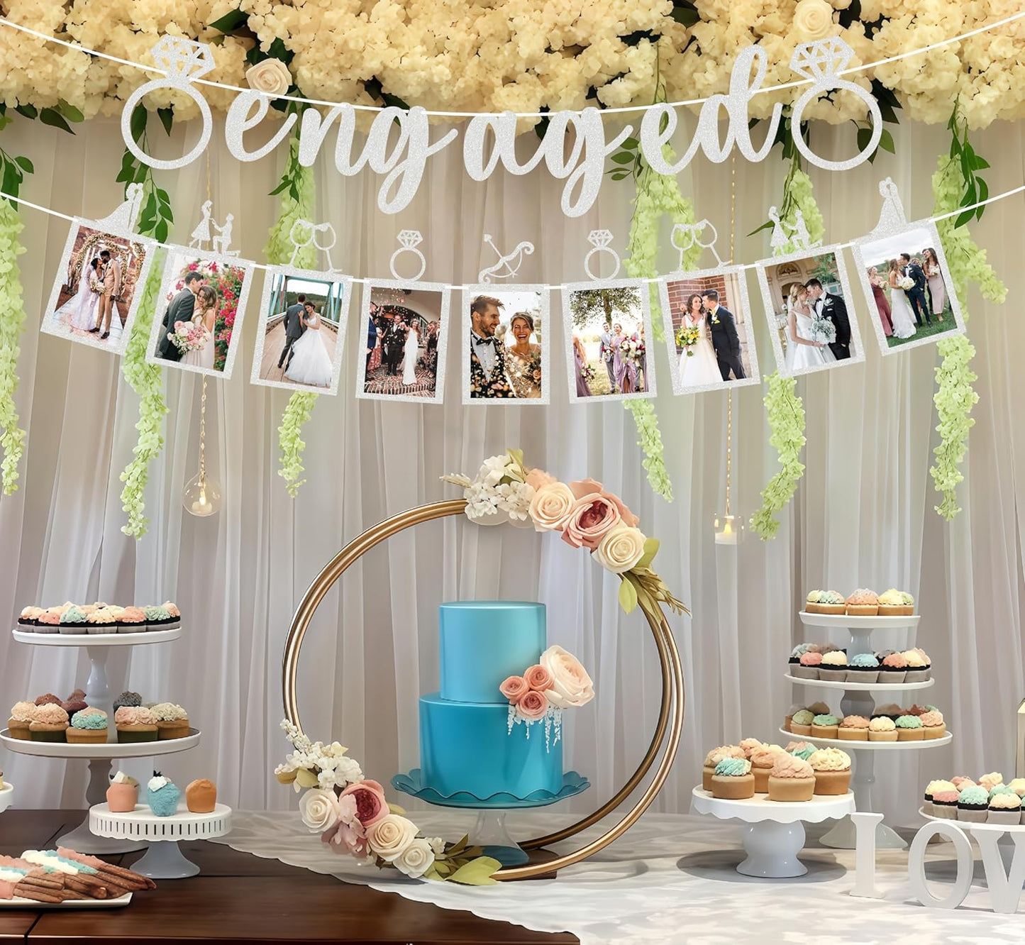 Pre-Strung Engaged Photo Banner - Silver Glitter Engagement Party Decoration Supplies with Romantic Memories Picture Card Frames for Bachelorette, Bridal Shower, Wedding Party Photo Booth Props