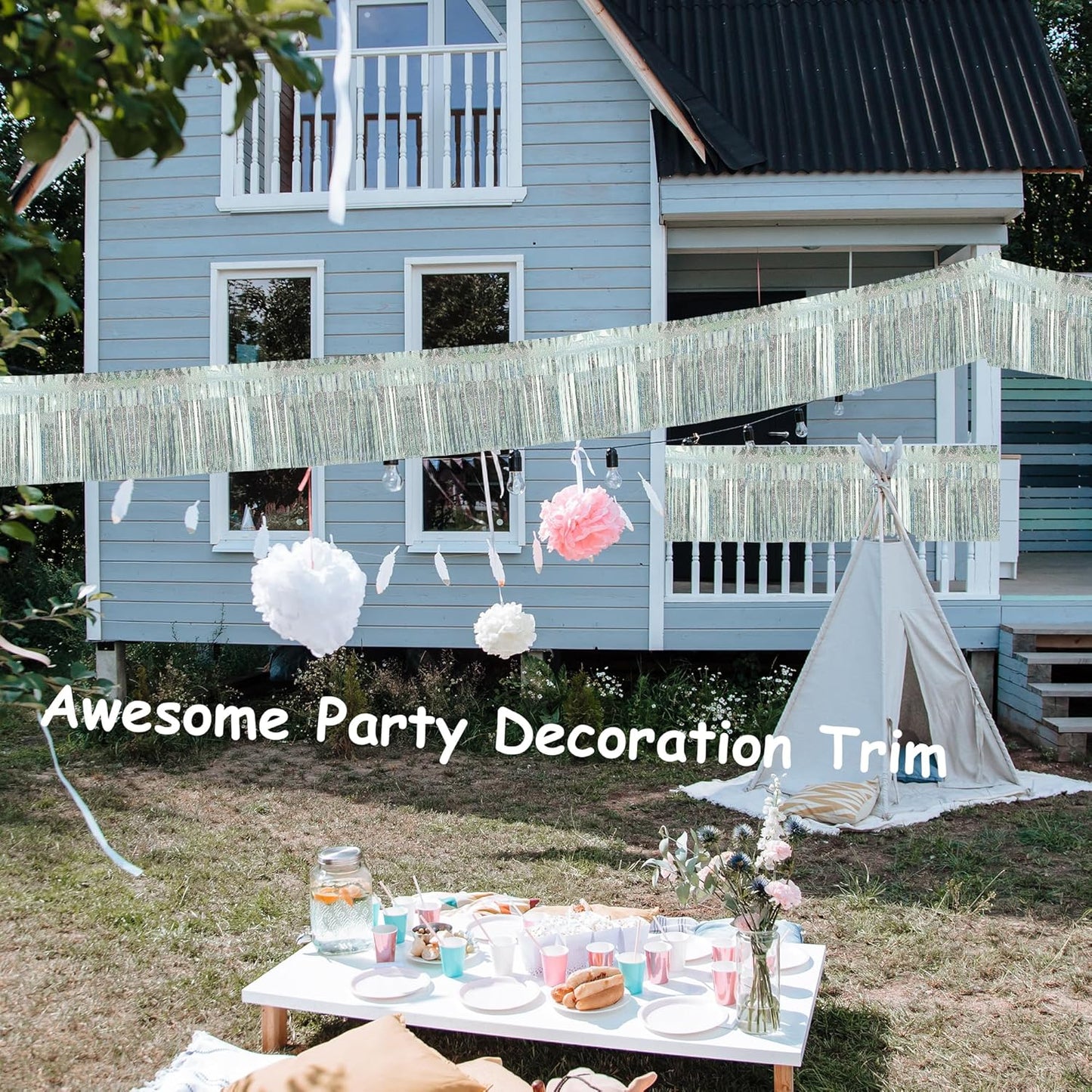 4 Pack Each 10 Feet Glitter Silver Parade Float Decorations for Trailer Car, Glitter Foil Fringe Metallic Tinsel Streamers Banner Garland for Graduation Weeding Homecoming Birthday(Glitter-Silver)