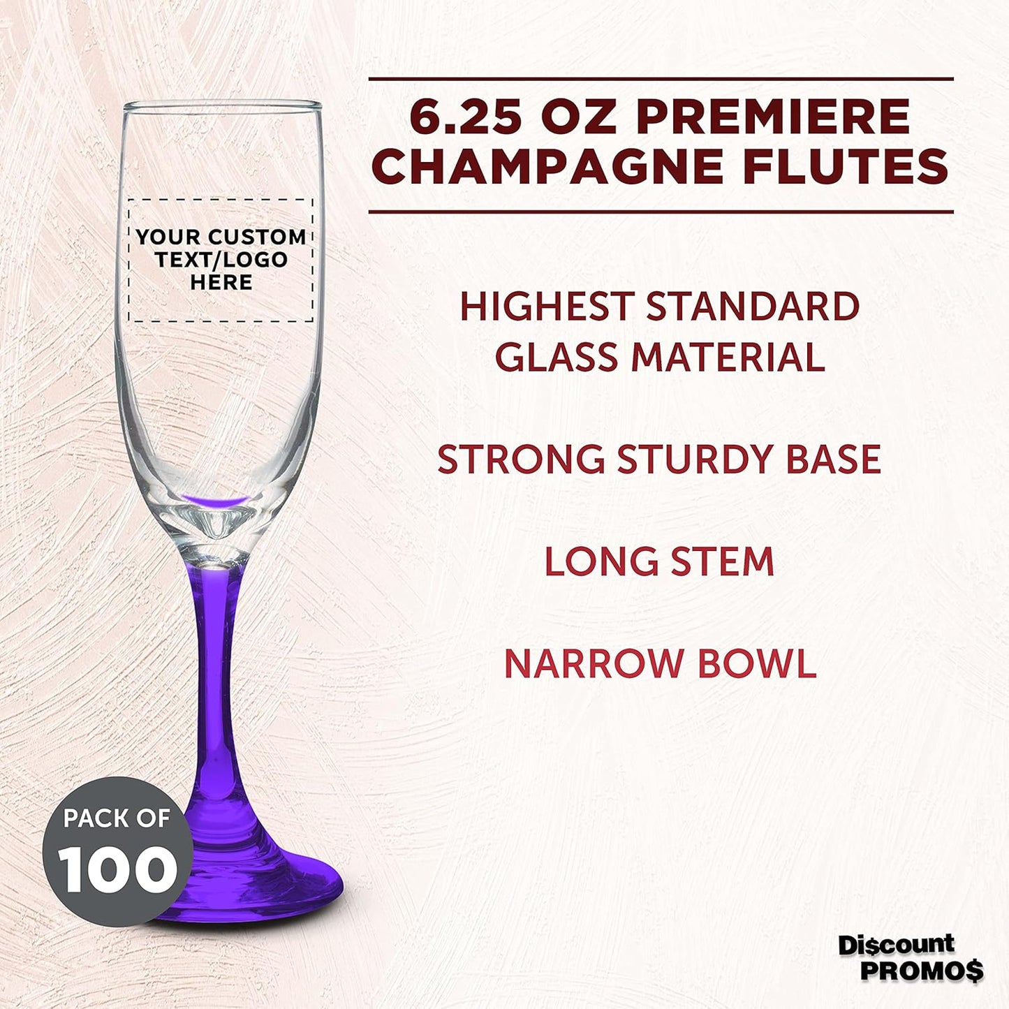DISCOUNT PROMOS Custom Premiere Champagne Flutes 6.25 oz. Set of 100, Personalized Bulk Pack - Elegant Drinkware for Weddings, Events, & Promotional Gifts - Purple