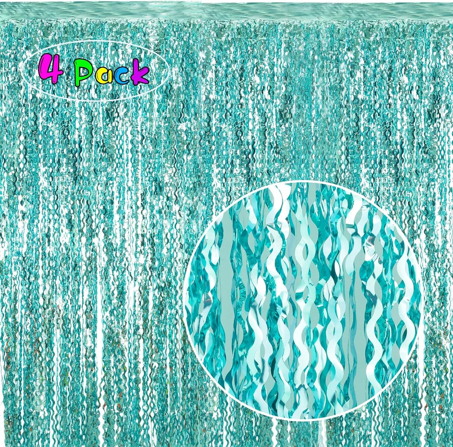 4 Pack 3.3 ft x 6.6 ft Wavy Aqua Teal Blue Tinsel Foil Fringe Curtains Backdrop - Wave Metallic Foil Curtains for Wedding Girl Princess Bachelorette Euphoria Theme Party Decoration