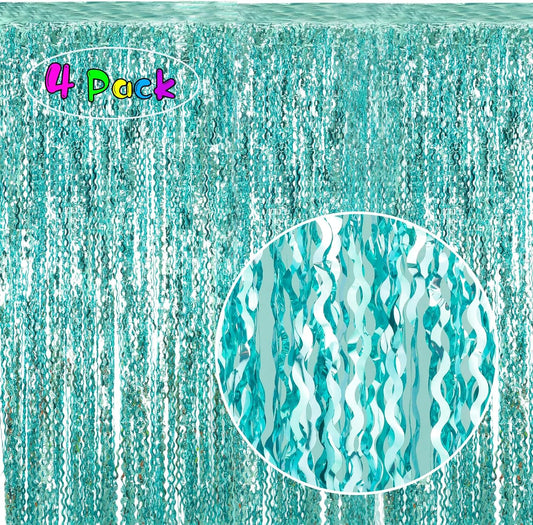 4 Pack 3.3 ft x 6.6 ft Wavy Aqua Teal Blue Tinsel Foil Fringe Curtains Backdrop - Wave Metallic Foil Curtains for Wedding Girl Princess Bachelorette Euphoria Theme Party Decoration