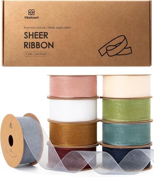 Vitalizart 1" x 90Yd Organza Ribbon Mixed Color Sheer Ribbons Set 10 Yd x 9 Rolls Handmade for Gift Wrapping Christmas Tree Crafts Bows Wedding Invitations Wreaths Wrap