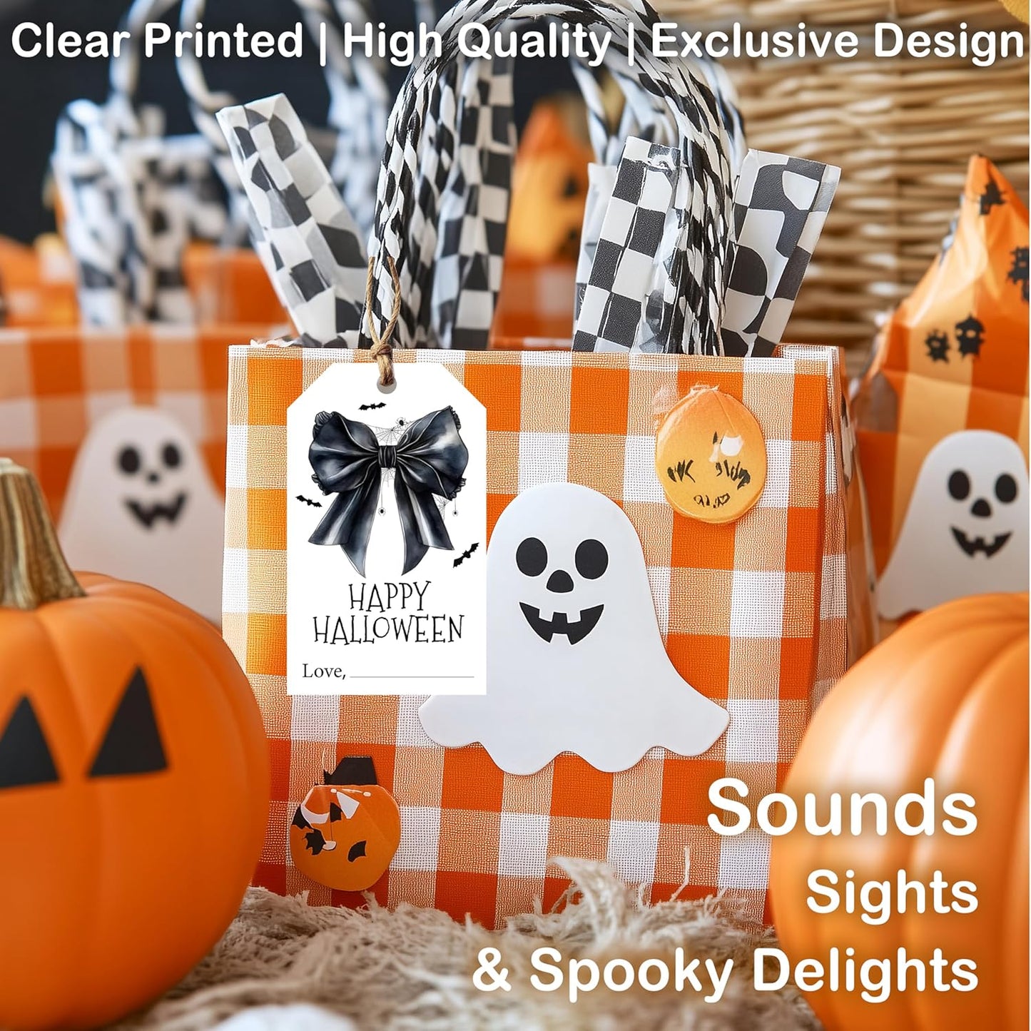 50 Pcs Halloween Tags with String, 2.1"×3.5" Bowknot Paper Gifts Tags, Bat Trick or Treat for Candy, Spider Happy Halloween Gifts Tag Wrap for Party Favor - B06