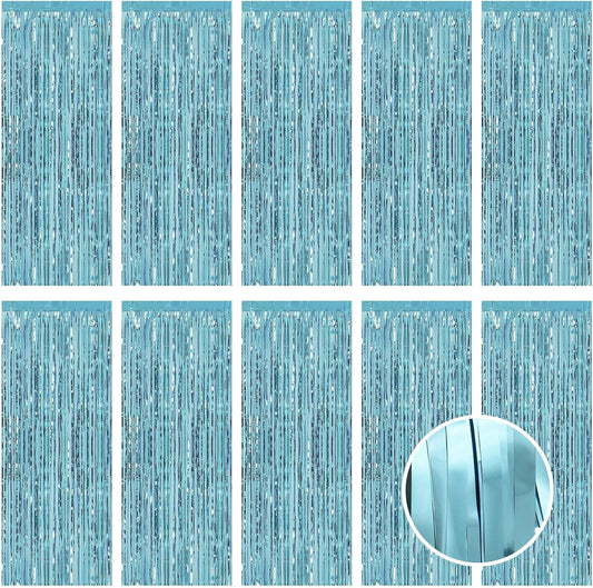 10 Pack Blue Foil Curtain Backdrop 3.2ft x 9.8ft Metallic Tinsel Foil Fringe Curtains Streamer Photo Booth Backdrop for Birthday Party Engagement Bachelorette Party Decorations (Light Blue)