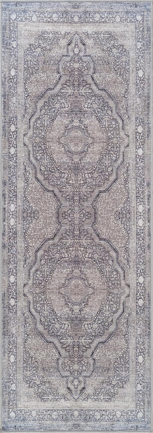 Bloom Rugs Washable Non-Slip 12 ft Runner - Blue/Steel Gray/Beige Traditional Medallion Runner for Entryway, Hallway, Bathroom, and Kitchen - Exact Size: 2.5' x 12'