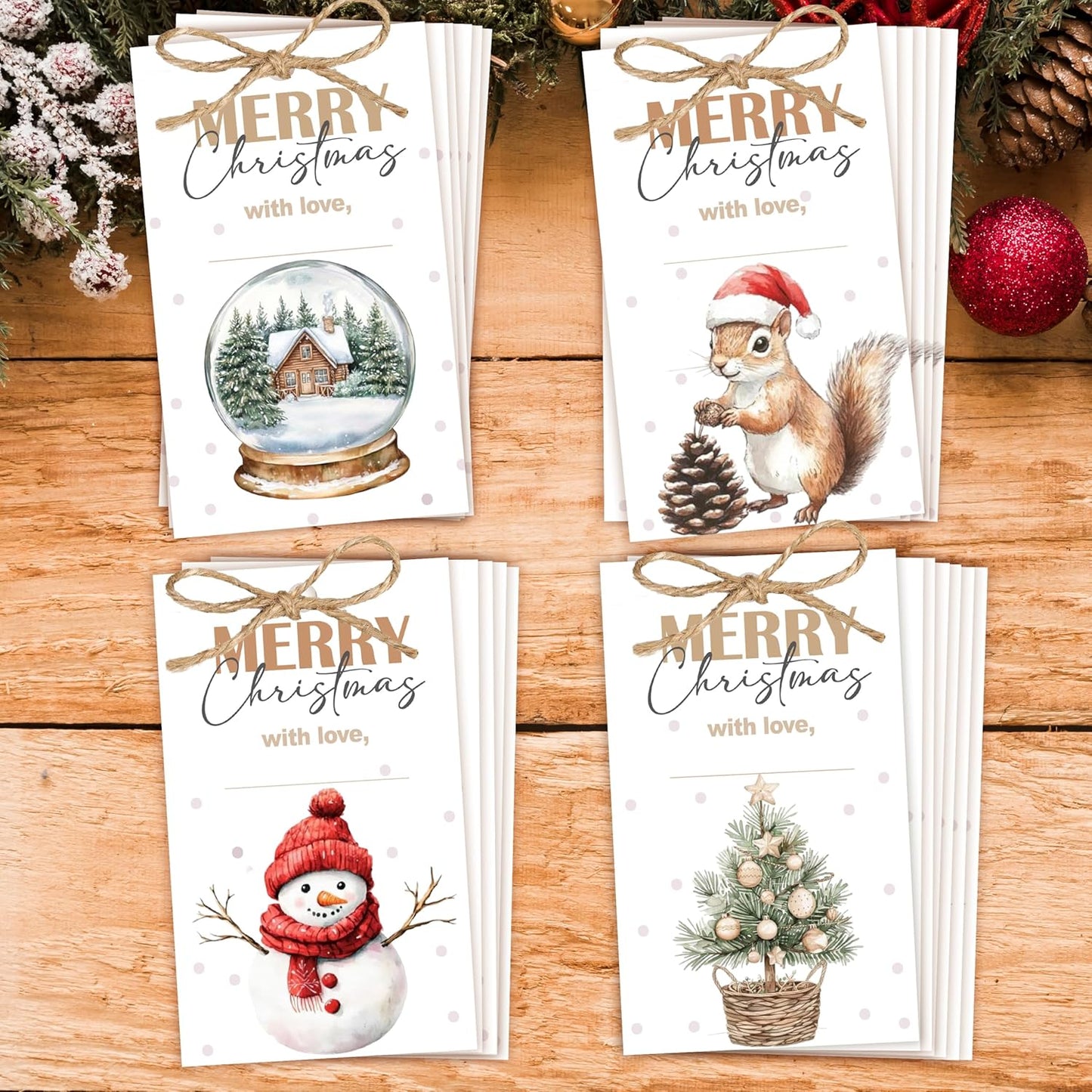 40 Pcs Christmas Gift Tags, 2.1"×3.5" Merry Christmas Tree Paper Tags with String, Hanging Presents Label Wrapping for Party Favor Decorations, 4 Styles - A03