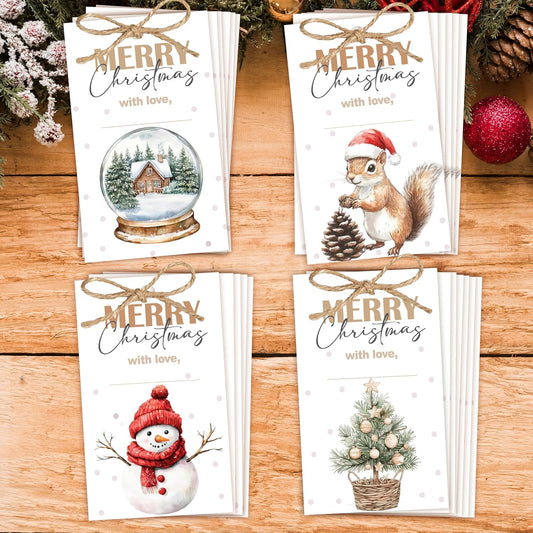 40 Pcs Christmas Gift Tags, 2.1"×3.5" Merry Christmas Tree Paper Tags with String, Hanging Presents Label Wrapping for Party Favor Decorations, 4 Styles - A03