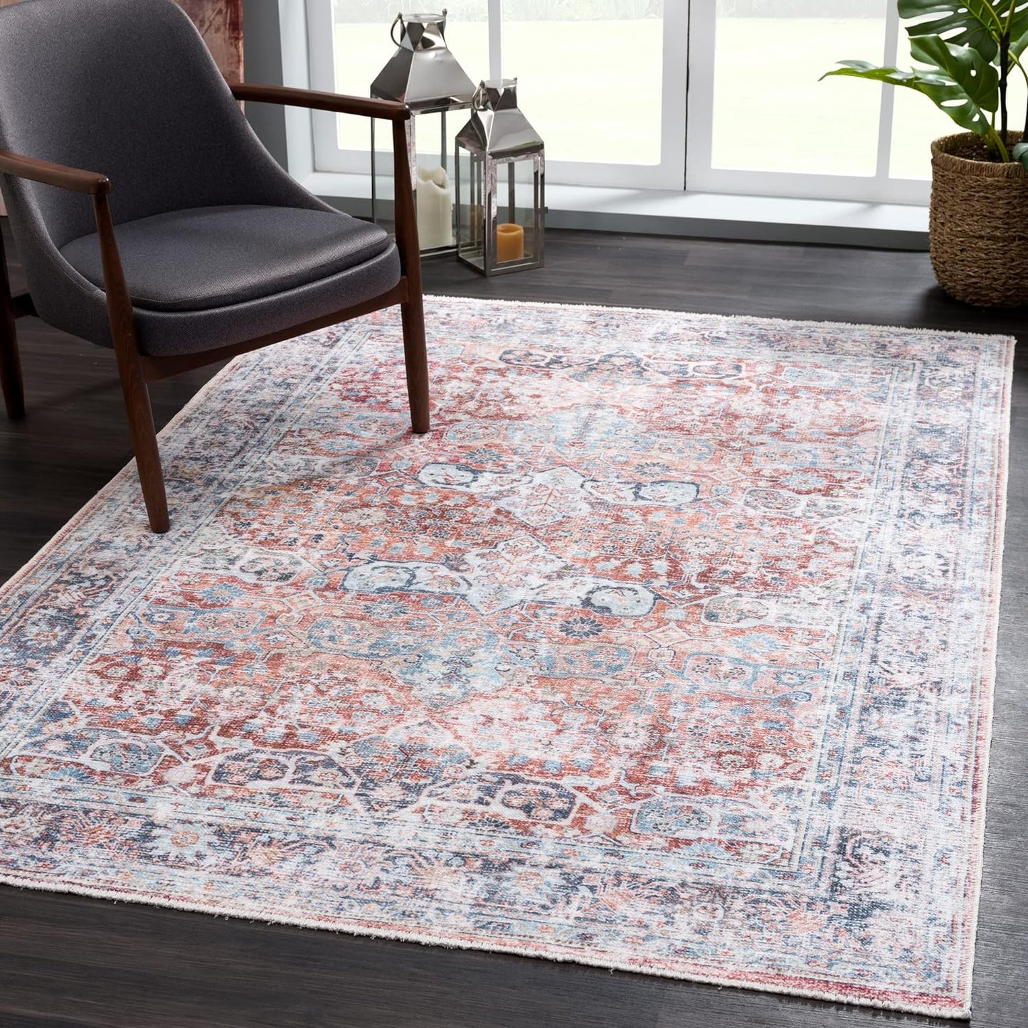 Bloom Rugs Caria Washable Non-Slip 3x5 Rug - Brick/Dark Blue Traditional Area Rug for Living Room, Bedroom, Dining Room, and Kitchen - Exact Size: 3' x 5'