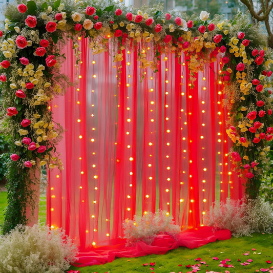 20×10ft Red Tulle Backdrop Curtain with Lights for Parties, Sheer Photo Backdrop Curtains for Wedding Party Photography Background