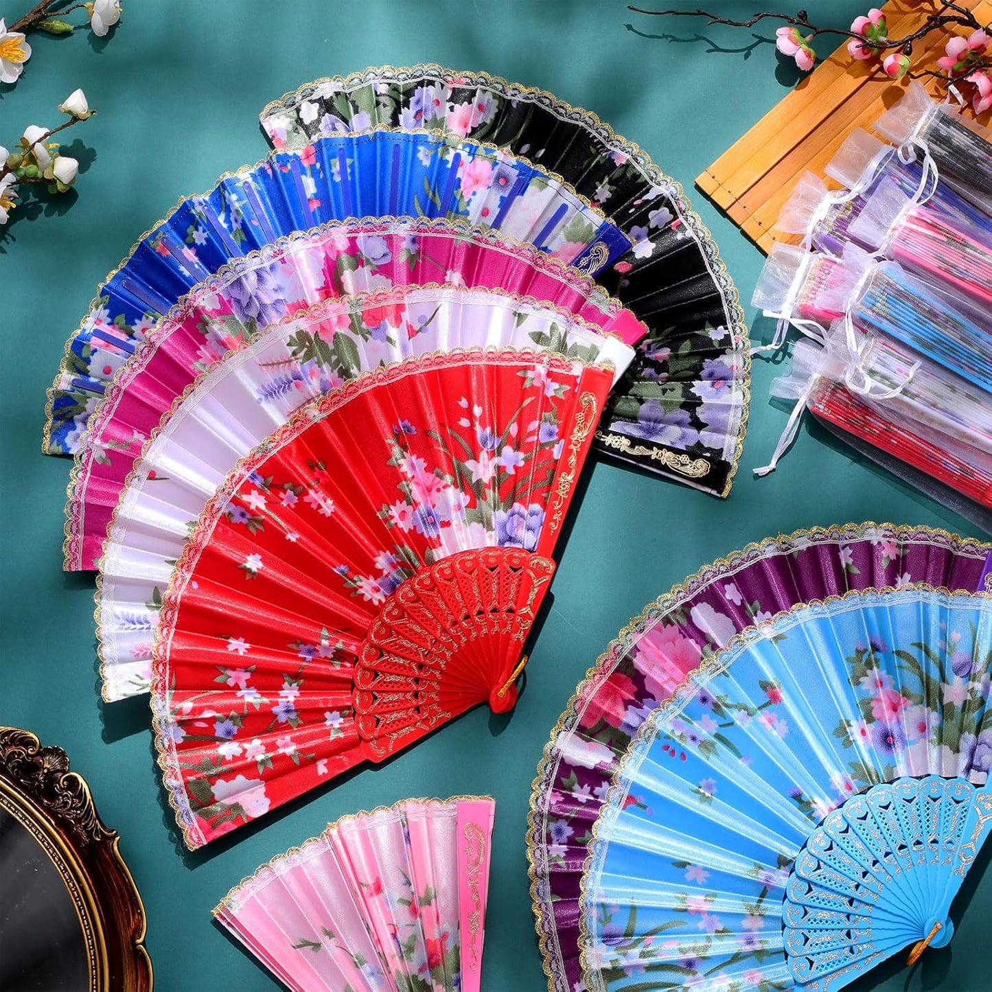 Geetery 30 Pcs Folding Hand Fan for Line Dancing Spanish Boots on The Ground Fans Gifts Bulk Colorful Silk Popping Rave for Women Tea Party Wedding Church Halloween Costume(Floral,Classic Colors)