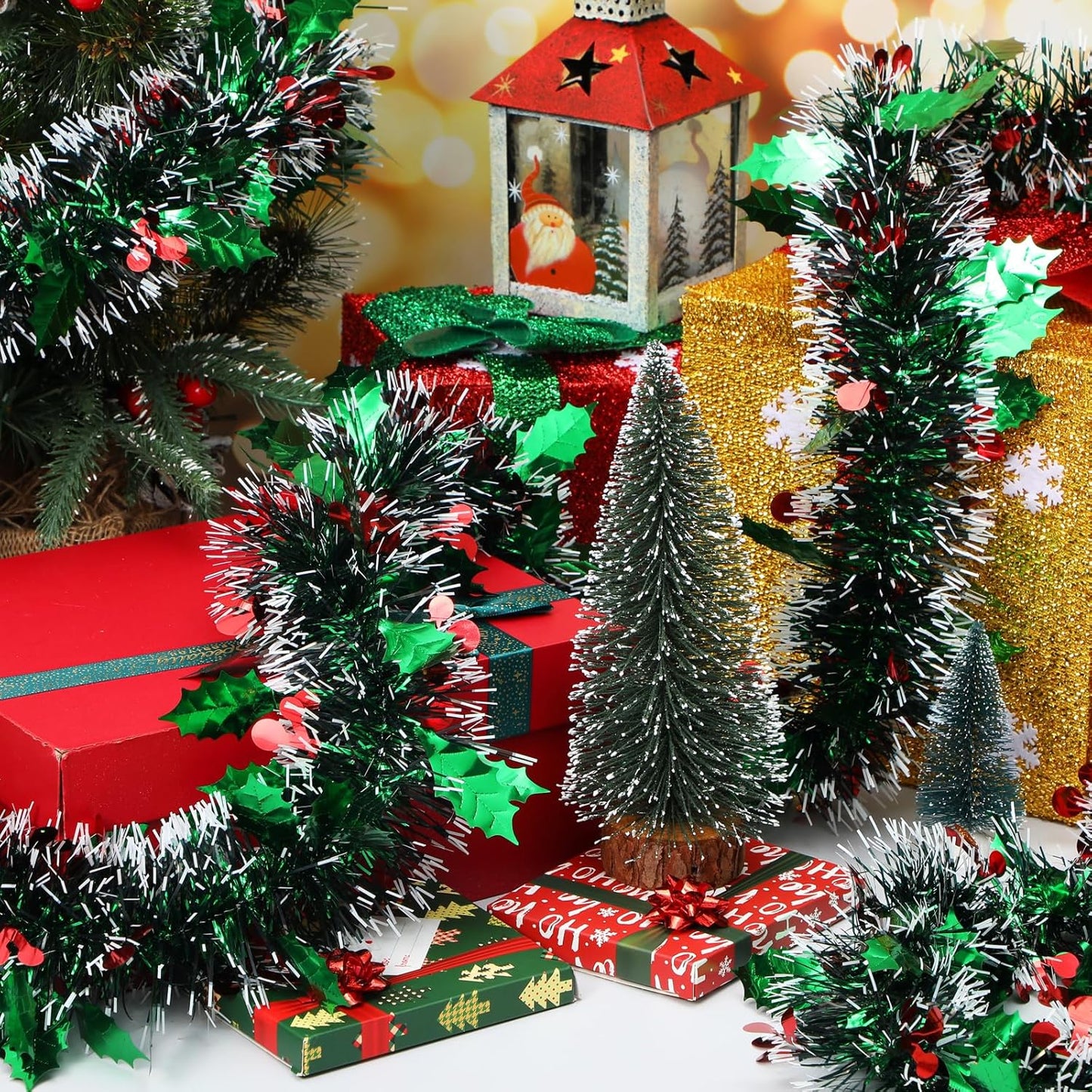 72 Feet Christmas Tinsel Garland Shiny Metallic Tinsel Twist Garland Streamers Ornaments Long Glitter Christmas Tree Hanging Decorations for Party Holiday Wedding Birthday Tree (Dark Green White)