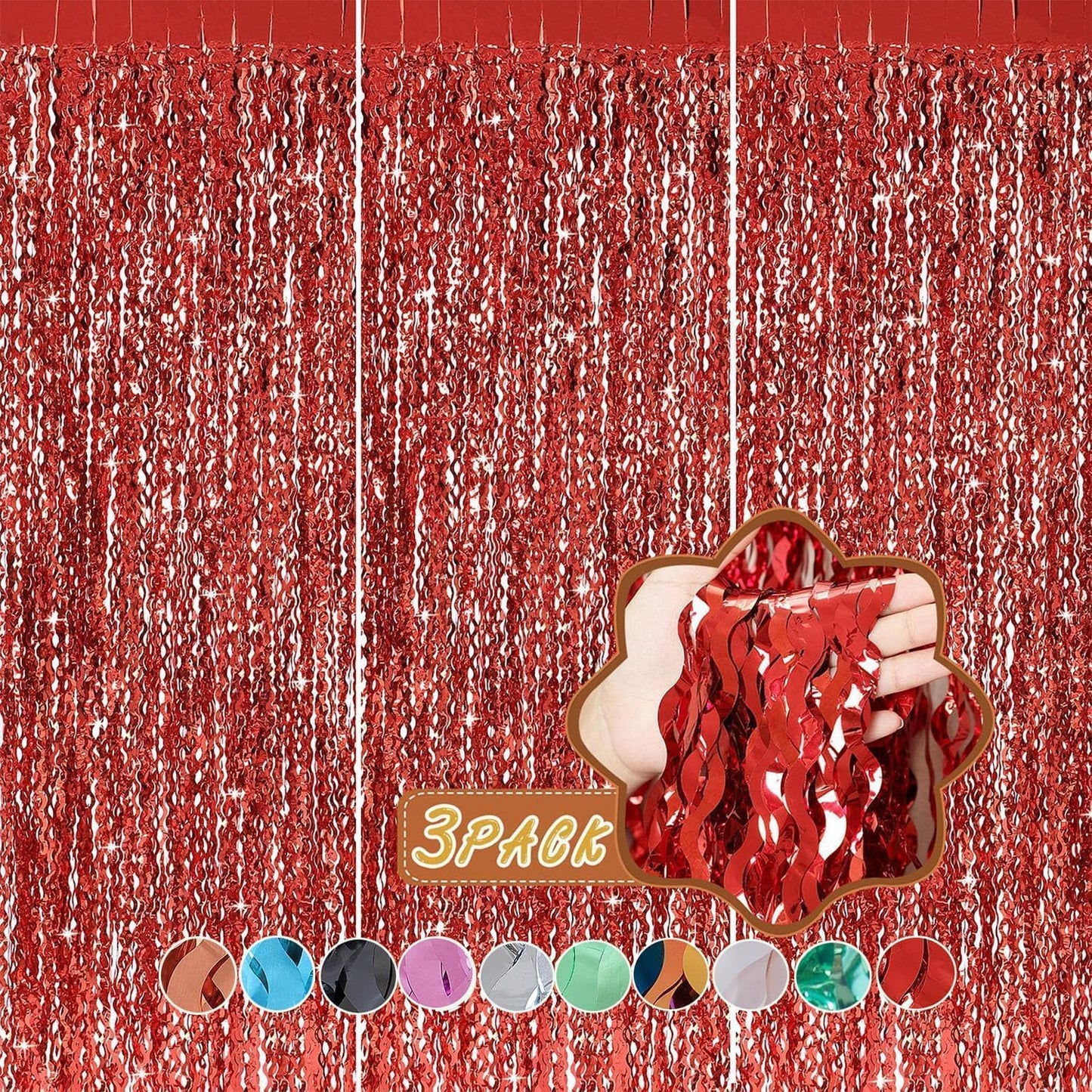 3 Pack Red Aluminium Foil Curtains, 3.3ft x 6.6ft, Wavy Shape, for Party Decorations & Photo Background