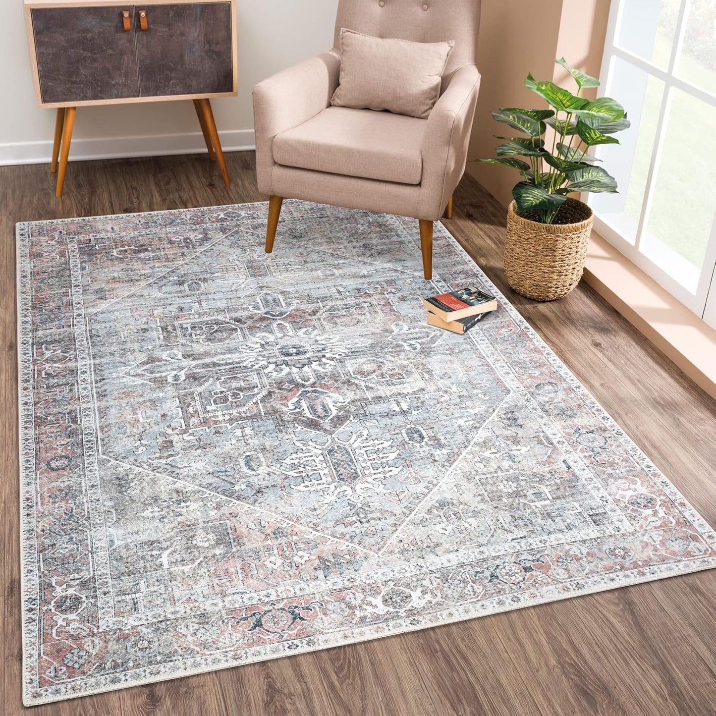 Bloom Rugs Washable Non-Slip 3' x 5' Rug - Light Pink/Light Blue Traditional Medallion Area Rug for Living Room, Bedroom, Dining Room, and Kitchen - Exact Size: 3' x 5'