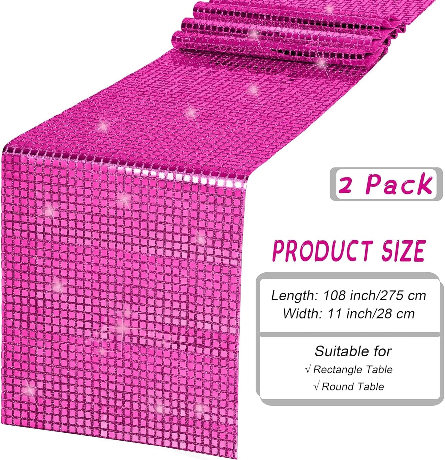 Durony 2 Pack Disco Table Runner 11 x 108 Inch Mirror Hot Pink Glitter Foil With Sparkle Sequin for Bachelorette, 70s, Cowgirl Party Decorations