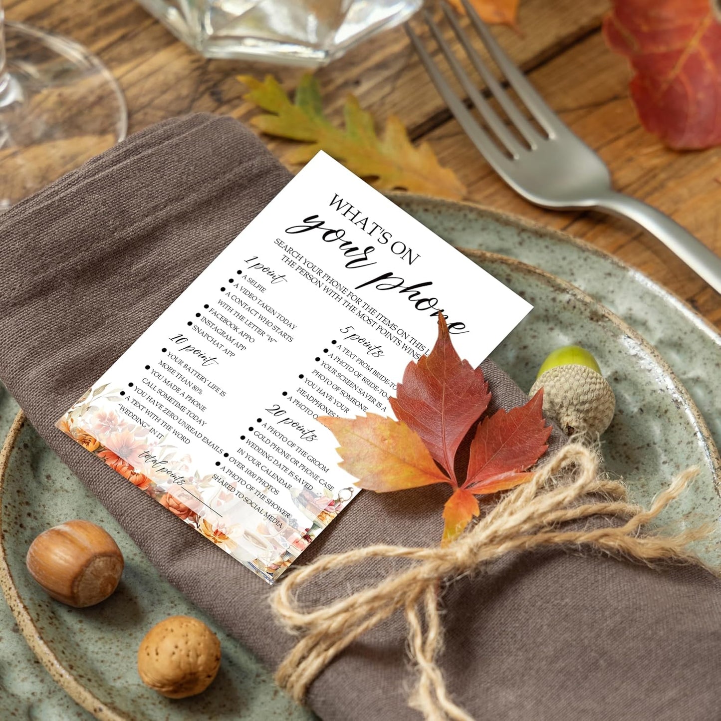 Fall Bridal Shower Games Cards, What's On Your Phone Wedding Bachelorette Party Games, Fall in Love Bridal Shower Decorations, 25 Cards, G10