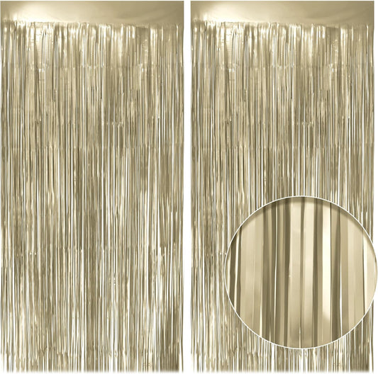 10 Pack Metallic Champagne Gold Fringe Backdrop, 3.2x8.2ft Shining Foil Tinsel Curtains, Birthday Party Decorations Door Streamers for Halloween, Christmas, Wedding, Graduation, Holiday, Theme Events