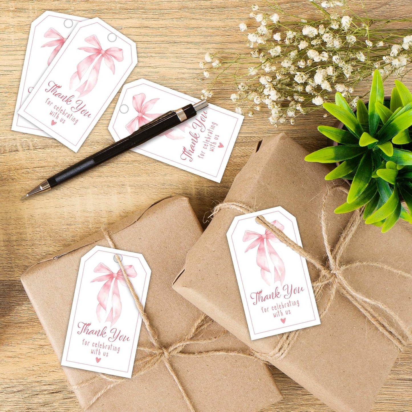 Thank You Label with String, 2x3.5 Inch Pink Bow Gift Tags, Thank You for Celebrating with Us Tag, Paper Personalized Design Gift Label for Wrapping Party Favor-A11